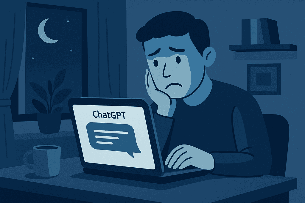 在夜晚的房間裡，一位男子坐在桌前，神情困惑地望著顯示「ChatGPT」的筆記型電腦螢幕，周圍有一杯咖啡與窗外的星空，顯示出人工智慧的應用情境。