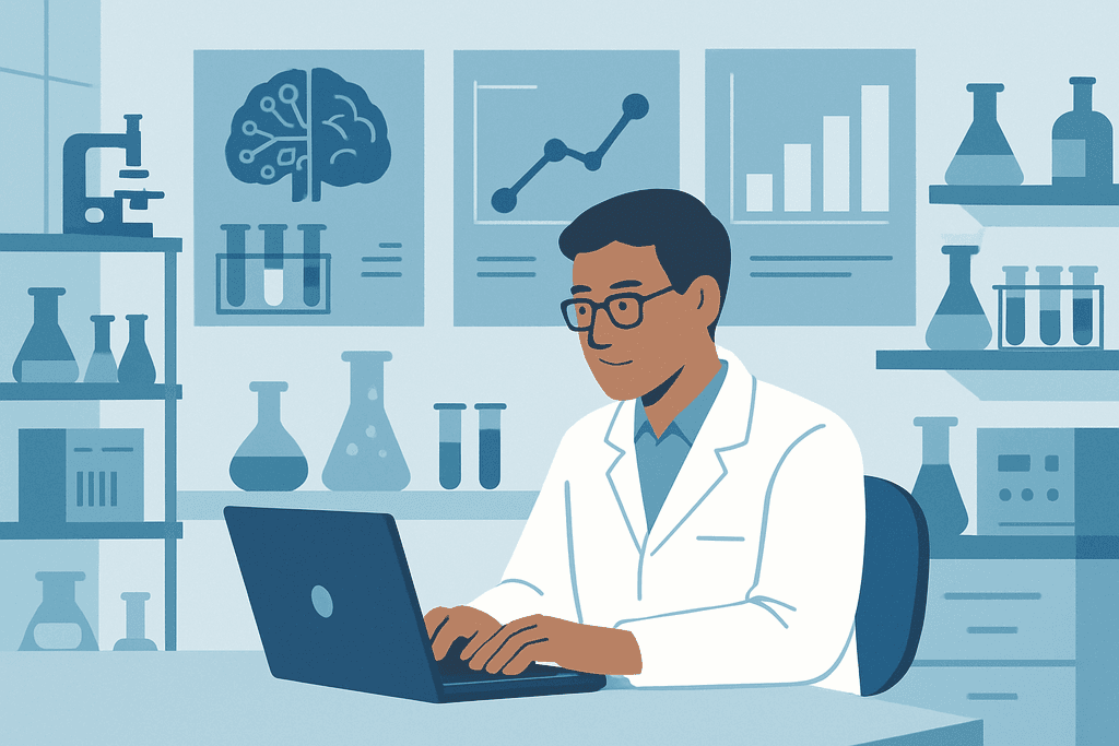 這張圖片展示了一位穿著白色實驗袍的專業人士坐在實驗室中，他正在使用筆記型電腦進行人工智慧相關的研究，背後有關於腦部和數據分析的圖表，整體環境適合網頁設計及網站經營的專業探討。