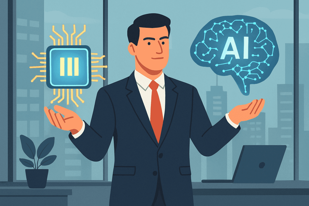 圖片描繪一位西裝筆挺的商務人士，雙手各持著一個代表人工智慧和電子元件的圖示，背景為一個現代辦公室，展示出他在網站經營與網頁設計上的專業。