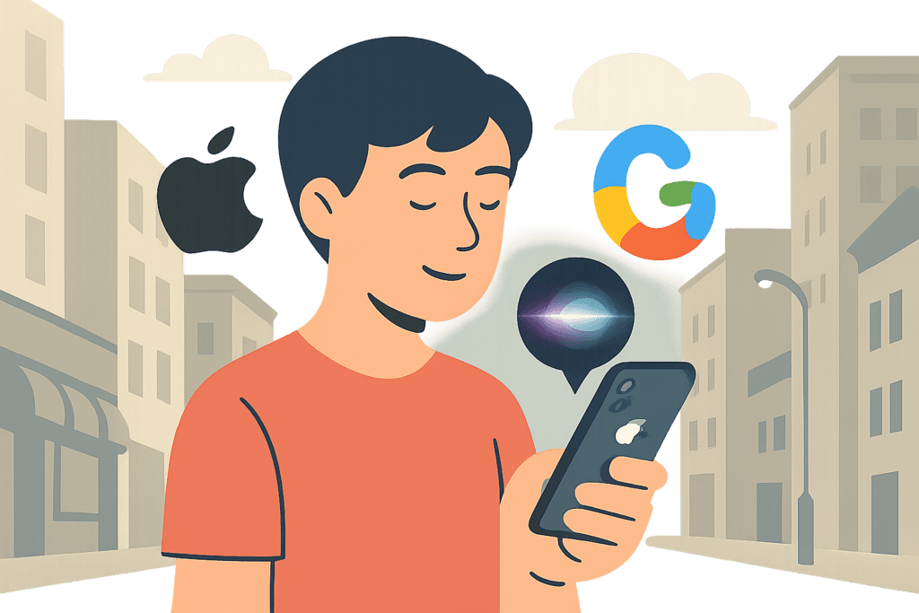一位年輕男性在城市街道上使用智能手機，螢幕上顯示著AI語音助手的圖示，周圍有Apple和Google的標誌，展現人工智慧日常生活中的應用情境。