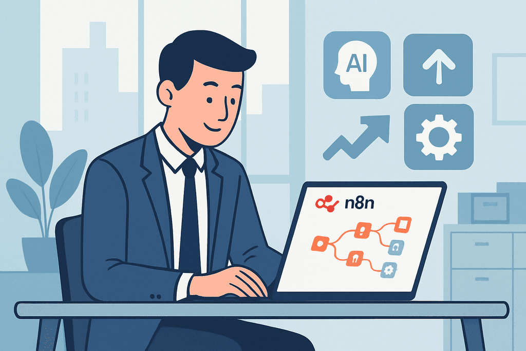 圖片中，一位男士正在電腦前專注於網站架設，螢幕上顯示著n8n工具介面，周圍有AI及網頁設計的相關圖示，背景為現代化的辦公室。