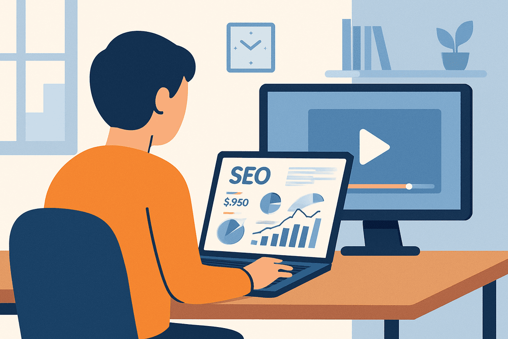 圖中一位男性坐在桌前，正使用筆記型電腦進行人工智能相關的網站經營分析，螢幕上顯示了SEO數據與圖表，背景則有窗戶與書架，營造出專注的工作氛圍。