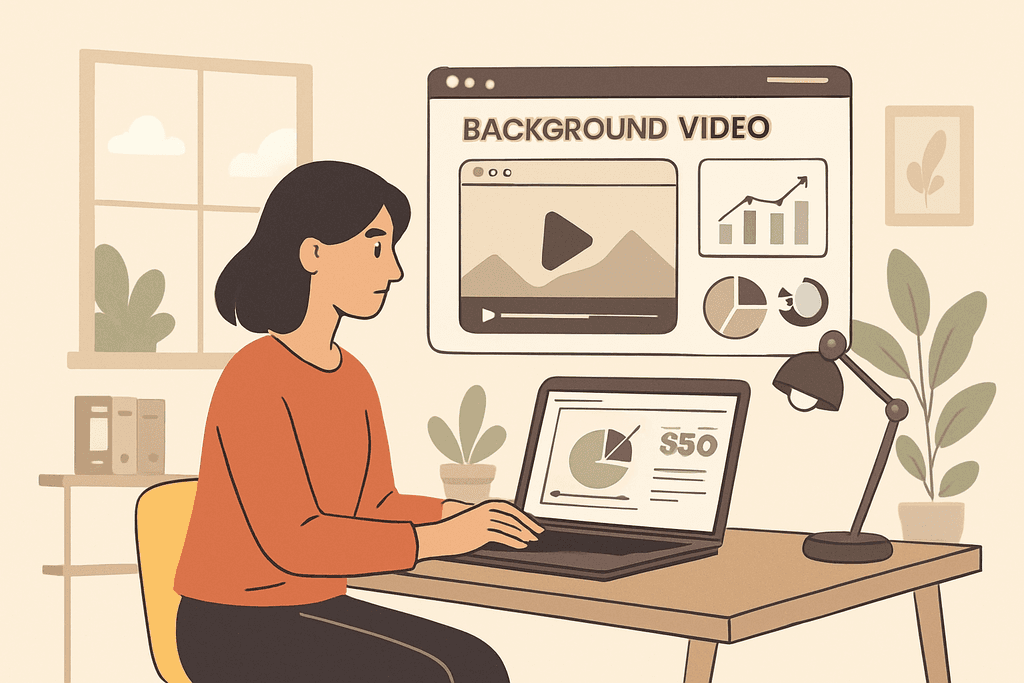 圖片中一位女性坐在書桌前，專注於使用筆電進行網站經營，螢幕上顯示著背景視頻與數據圖表，表現出網頁設計的創意過程，並且呈現出與人工智能的結合。