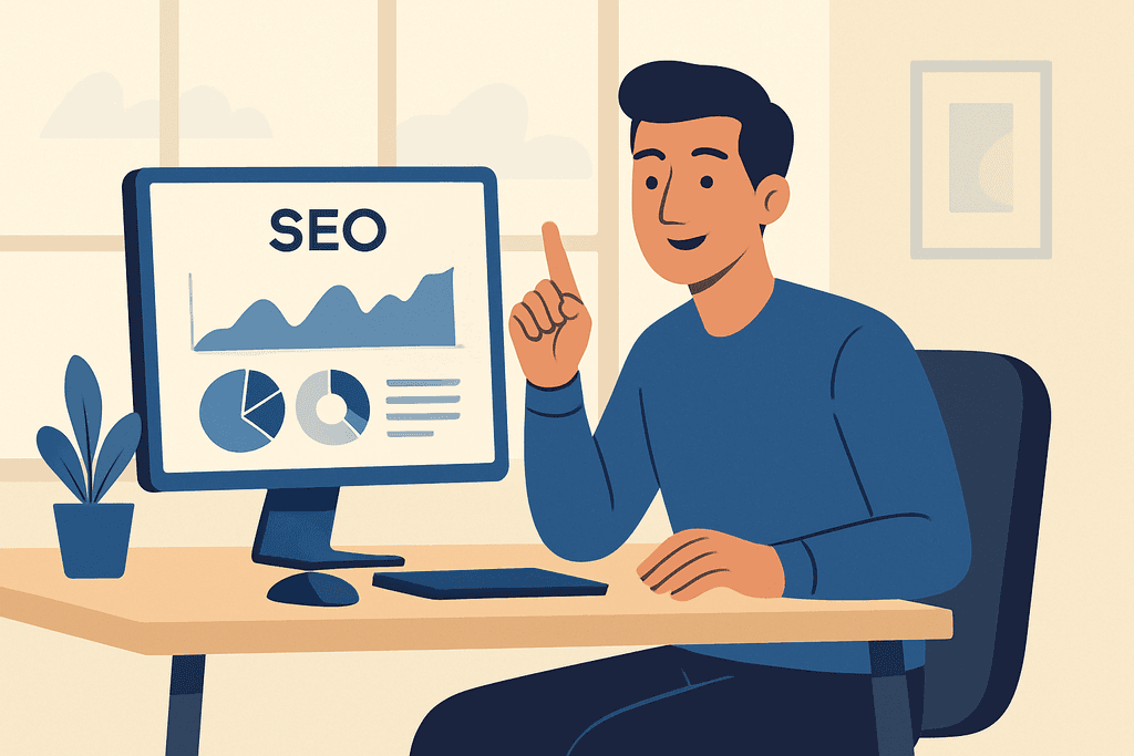 一名男性坐在辦公桌旁，專注地看著電腦螢幕，上面顯示著SEO分析圖表，旁邊擺放著一盆植物，整體場景呈現出專業的網站經營氛圍。