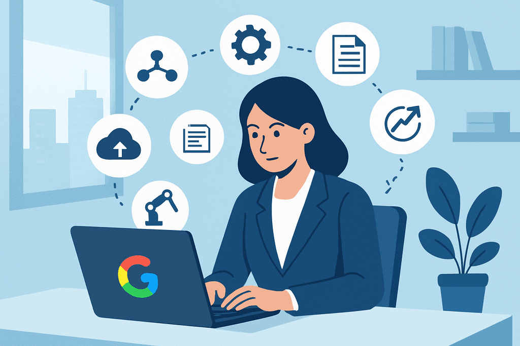 一位專業女性正在辦公桌前使用筆記型電腦，螢幕上顯示與人工智慧（AI）和網站經營相關的圖示，包括雲端儲存、資料文件、機器手臂等，展現出網站架設與網頁設計的現代化運作。