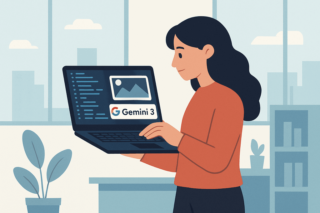 這張圖片展示了一位女性正在使用帶有Google Gemini 3標識的筆記型電腦，背景是一個明亮的辦公室環境，窗外可以看到城市風景。她正在進行網站經營的相關工作，可能涉及人工智能或網頁設計的過程。