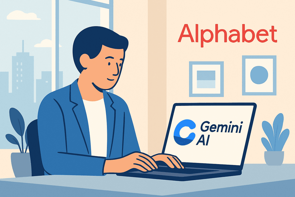 一名男子坐在辦公桌前，專注地使用電腦，螢幕上顯示「Gemini AI」的標誌，背景為窗外城市景色，展現出現代工作環境中人工智慧的應用。
