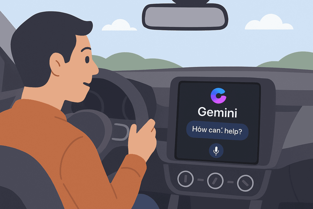 此圖片顯示一名駕駛坐在汽車內，透過人工智能助手Gemini進行語音互動。背景中可見綠色的山丘，突顯出駕駛的放鬆氛圍，適合展示人工智能在日常生活中的實用性。