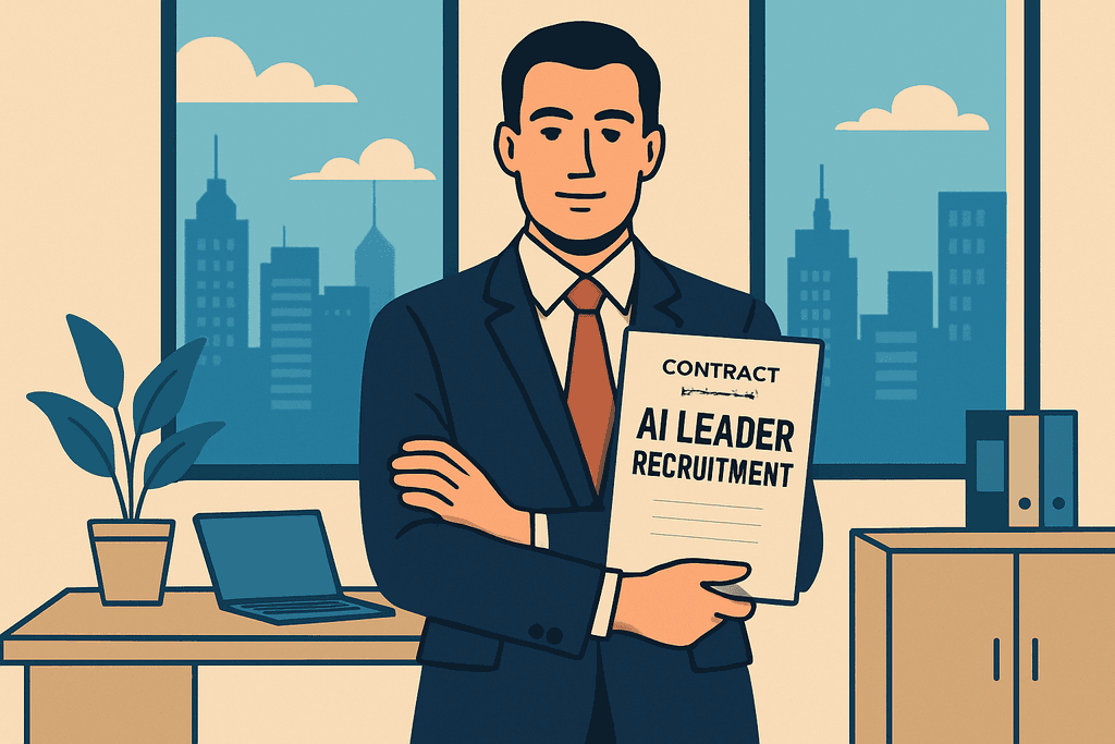 這幅圖片展示了一位在辦公室的商務人士，他身穿西裝，手中拿著標有「AI領導者招聘」的合約文件，背景是摩天大樓的城市風景，桌上還有一台筆記型電腦和一盆植物，突顯出當前人工智慧領域招聘的重要性。