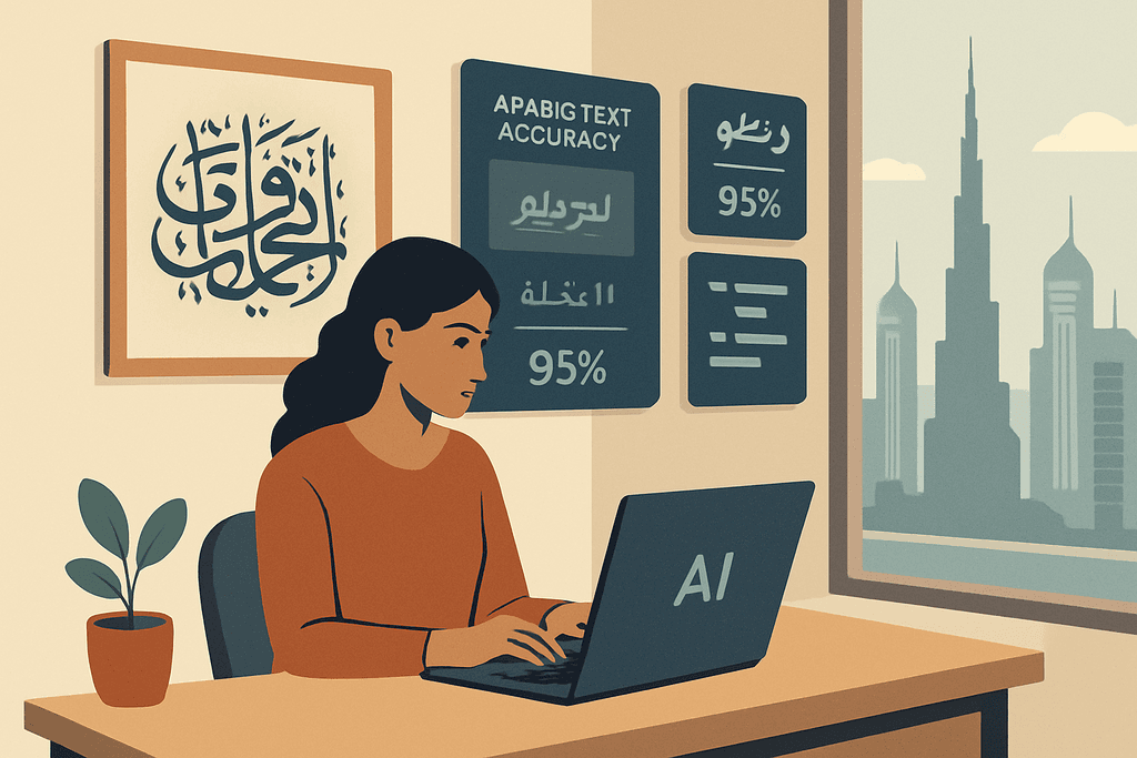 圖片中，一位女性專注於使用筆記型電腦，螢幕上顯示著「AI」字樣，背景是現代城市的高樓大廈，牆上掛著書法作品，展示了人工智慧在網站經營上的應用。