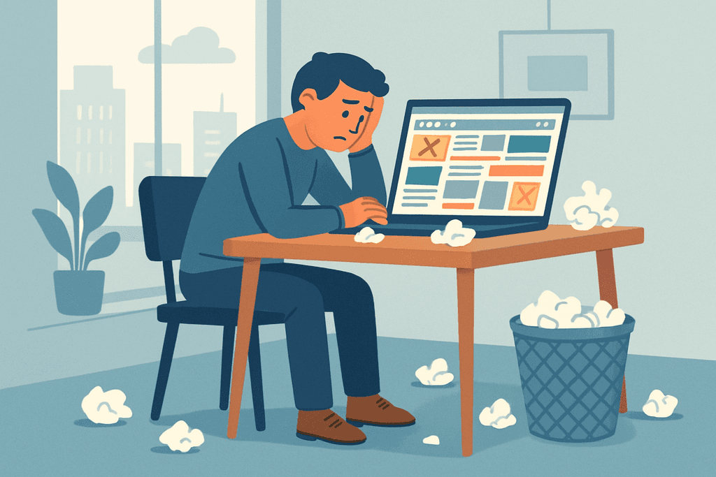 一位男士坐在桌邊，神情沮喪，正在看著顯示著錯誤訊息的電腦螢幕。他的桌上散落著廢紙，旁邊的垃圾桶裡也堆滿了紙團，場景反映出一種在網站經營過程中面臨困難的情況，顯示出人工智慧在網站架設和網頁設計上的挑戰。