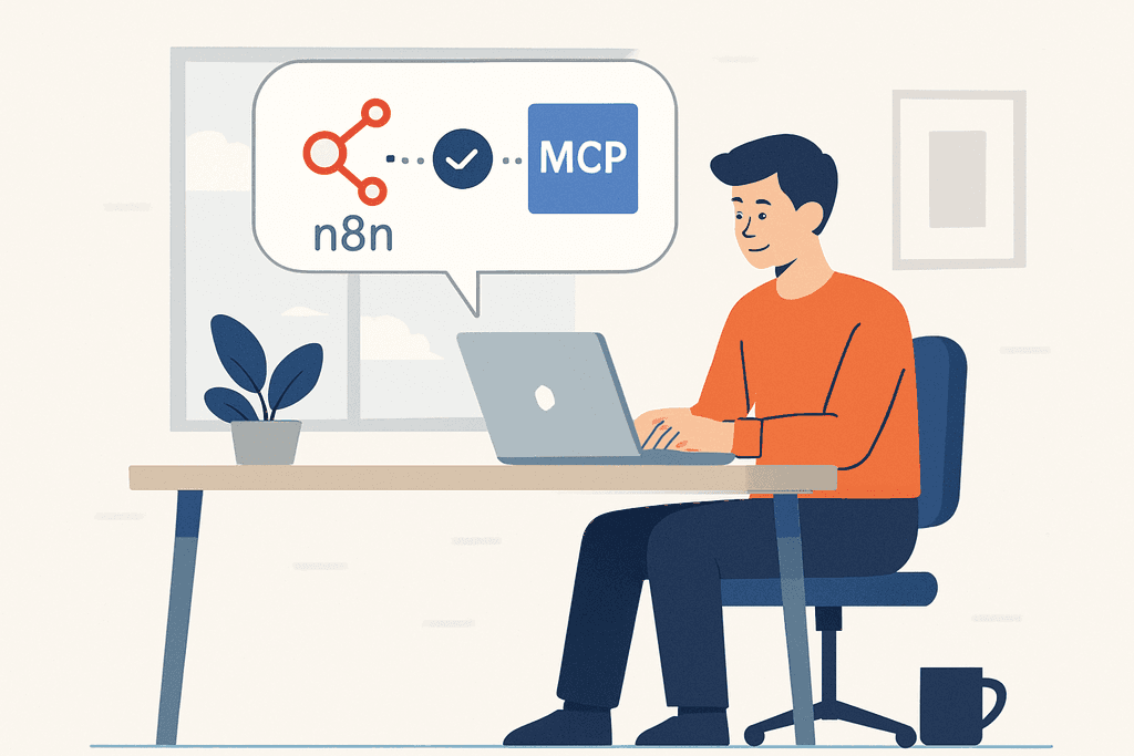 這張圖片顯示一位男性正在透過筆記型電腦進行網站經營，他的螢幕上顯示了n8n和MCP的相關圖示，旁邊有一盆綠色植物，整體環境明亮舒適，彰顯出人工智慧在網站架設及網頁設計中的應用。