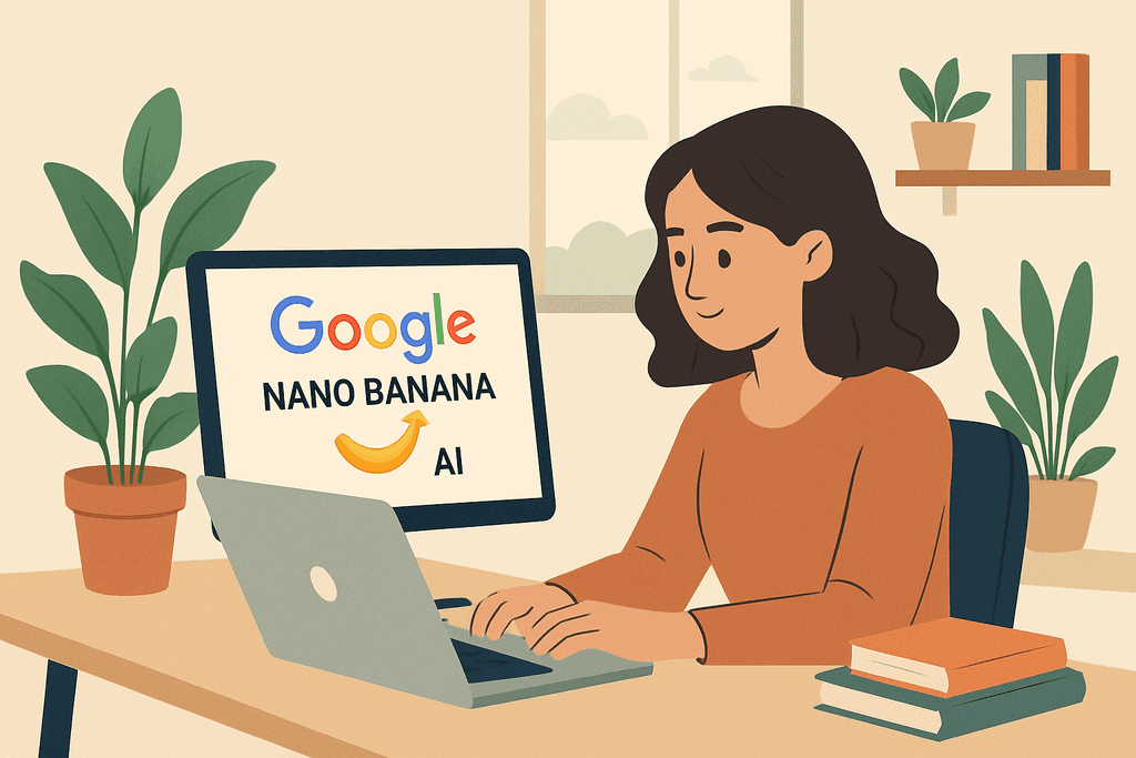 在家辦公的年輕女性使用電腦進行人工智慧相關的網站經營，她的螢幕上顯示著「Google」和「AI」，以及一個有趣的虛擬項目名稱「NANO BANANA」，旁邊擺放著綠色植物和書籍，營造出舒適的工作環境。