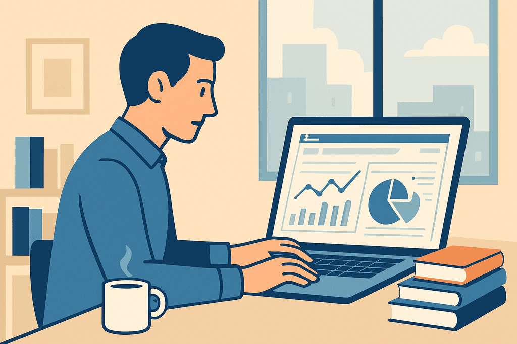 一位男士正專注於電腦螢幕，查看有關網站經營的資料分析報告，桌上有咖啡杯和幾本書，背景是明亮的都市視野，展示了人工智慧和網頁設計的融合。