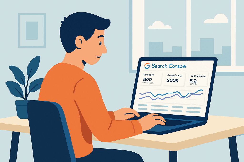 圖片顯示一位男士坐在桌前使用電腦，專注於Google Search Console界面，數據顯示了網站的關鍵指標，如點擊數和展示次數，這顯示出人工智慧在網站經營中的重要性。