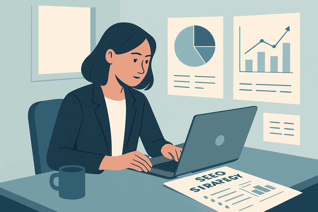 圖片顯示一位女性在辦公桌前專注於筆記型電腦，桌上有一杯咖啡和一份標題為「SEO策略」的文件，牆上貼著顯示網站數據分析的圖表，展現人工智慧在網站經營中的重要性。