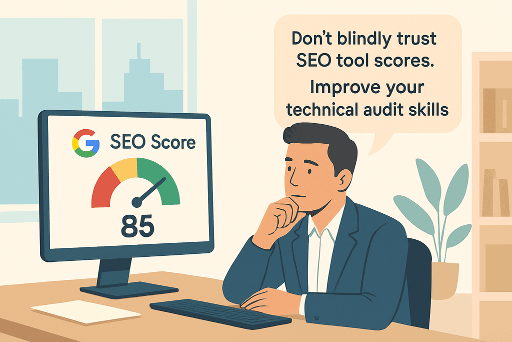 圖片顯示一位專注的男士坐在辦公桌前，屏幕上顯示一個 Google SEO 分數為 85，旁邊有提示文字提到改善技術審查技能，反映出網站經營者正在檢視其人工智能輔助的網站架設成效。
