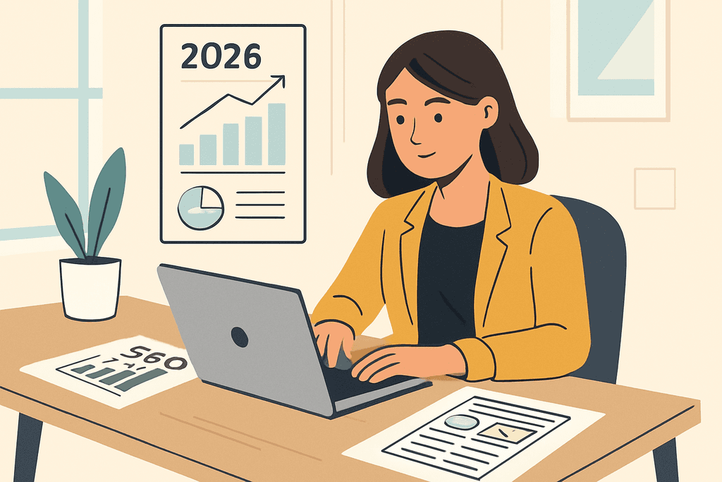 在辦公室內，一位專業女性正專心使用筆記型電腦進行網站經營，她的工作桌上擺放著有關人工智慧的報告和數據圖表，顯示出2026年的成長預測，旁邊還有一盆綠色植物裝飾。