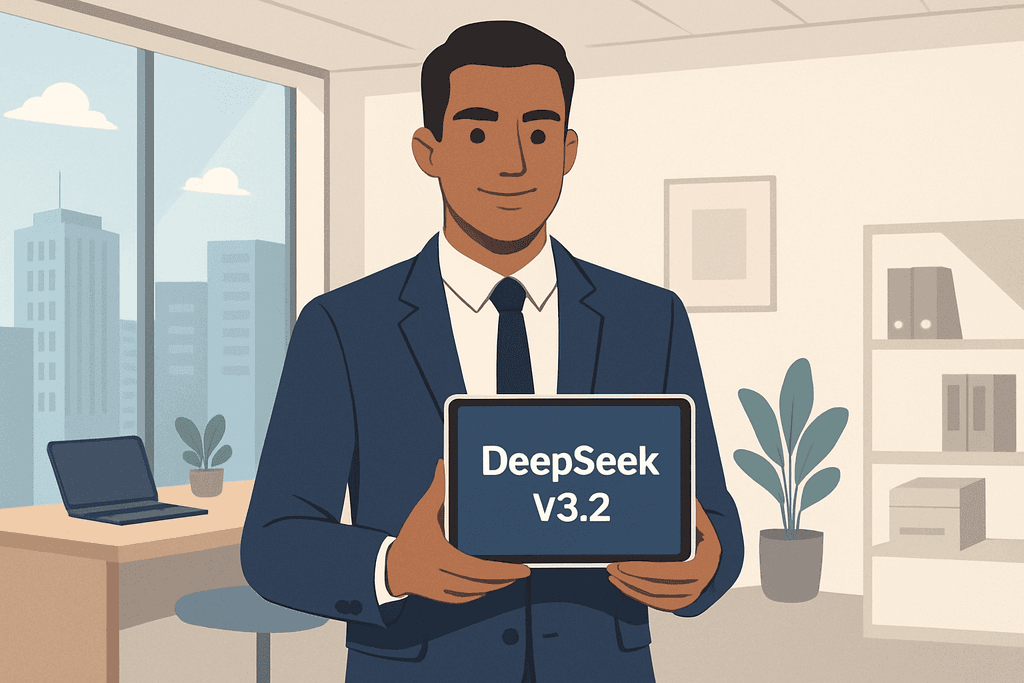 一名穿著正裝的男性在辦公室環境中，手持平板電腦展示「DeepSeek V3.2」應用程式，周圍有窗戶外的城市景觀及室內植物，象徵著人工智能在業務經營中的應用。
