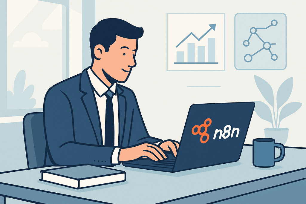 一名身穿西裝的男性正在辦公室裡操作筆記型電腦，螢幕上顯示著資料分析圖表，周圍環境擁有植物及書本，展現出專業的人工智慧網站經營氛圍。