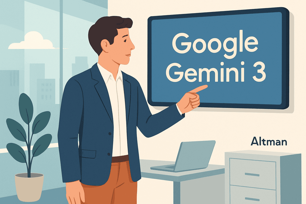 一位穿著西裝的男士在現代辦公室中，正對著顯示器介紹「Google Gemini 3」的人工智能功能，顯示器上清楚寫著產品名稱，背景有綠色植物和電腦。