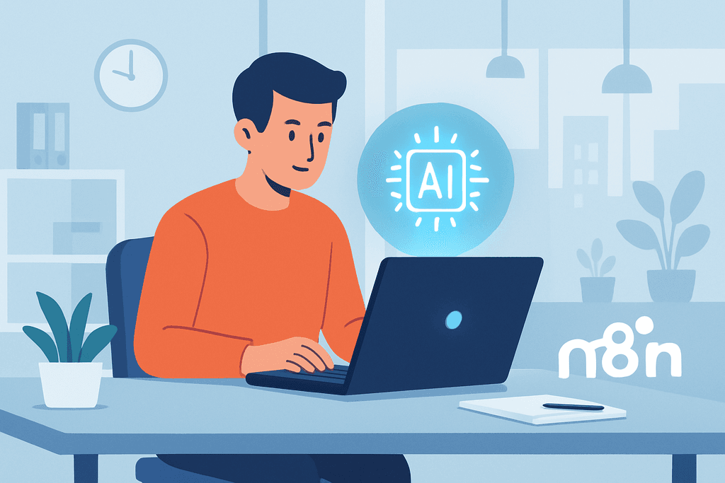 圖片中，一位年輕男性坐在辦公桌前，專注地使用筆記型電腦，螢幕上顯示出“AI”的圖示，背景是柔和的辦公環境，包含綠色植物和書櫃。這幅圖彰顯了人工智慧在網站經營和設計中的重要性。