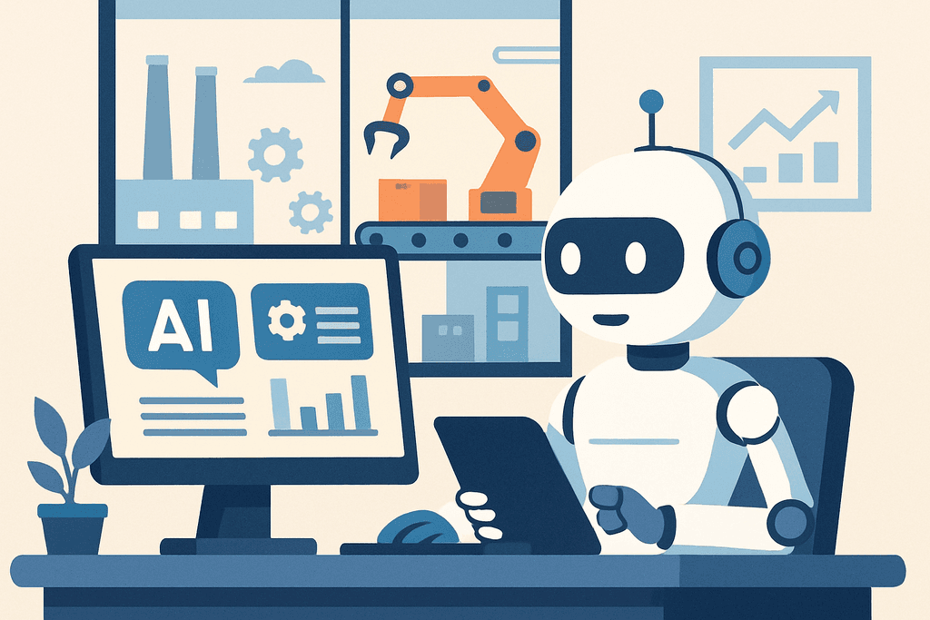一個可愛的人工智慧機器人在辦公桌前，專注地使用平板電腦。螢幕上顯示著與人工智能有關的數據分析，後方的窗戶透出工廠及自動化機械臂的場景，展示人工智能在網站經營及網頁設計上的應用。
