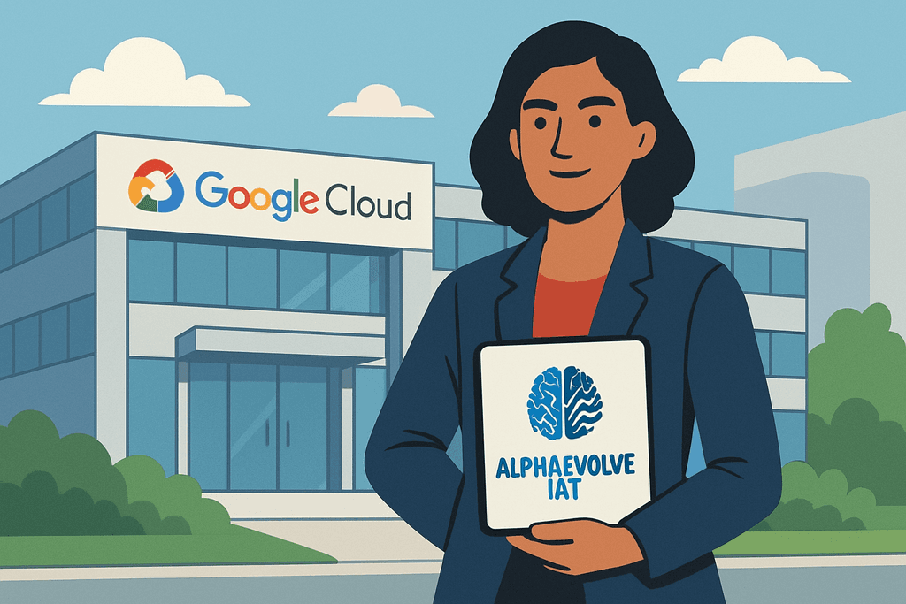 圖片中，一位女性站在Google Cloud辦公樓前，手中拿著一個印有“ALPHAEVOLVE IAT”的平板，展現人工智慧的應用與相關技術，背景清晰顯示出現代化的辦公環境，傳達出網站經營與人工智能的結合。