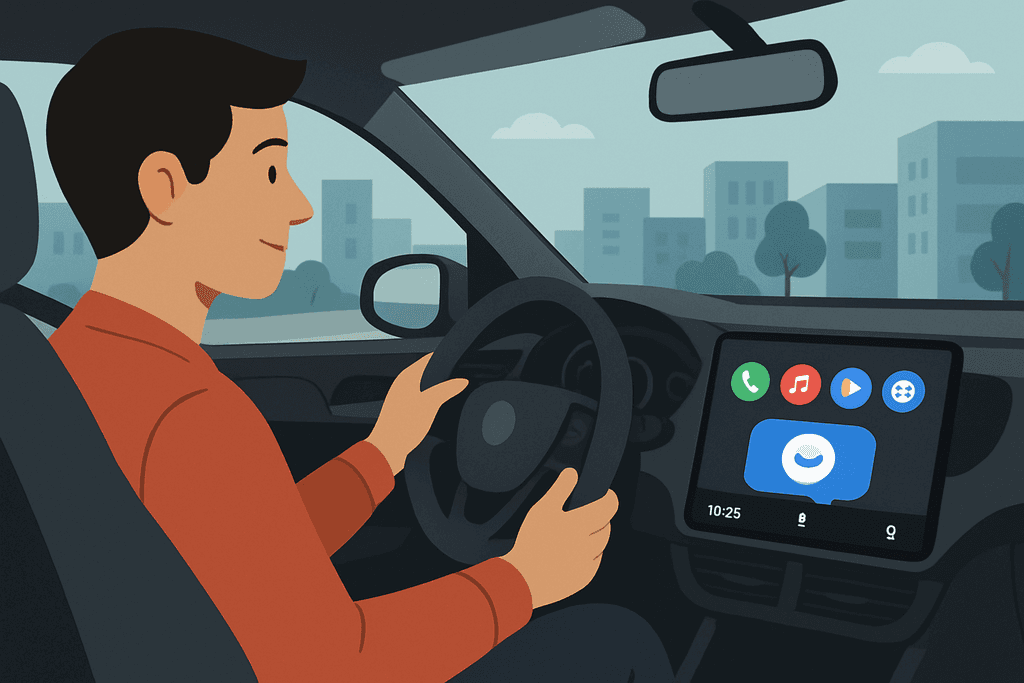 一名男子坐在車內，正專注於車輛中控螢幕的人工智慧介面，螢幕顯示來電、音樂和應用程式圖示，背景是一片城市景觀，展示現代化的駕駛體驗。