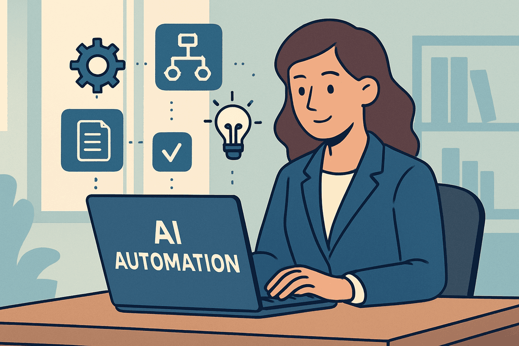 圖片展示一位女性在辦公室中使用筆記型電腦，屏幕顯示「AI AUTOMATION」的字樣。背景包含幾個與人工智慧及自動化相關的圖示，如齒輪、流程圖和燈泡，呈現出網站經營及網頁設計的專業氛圍。
