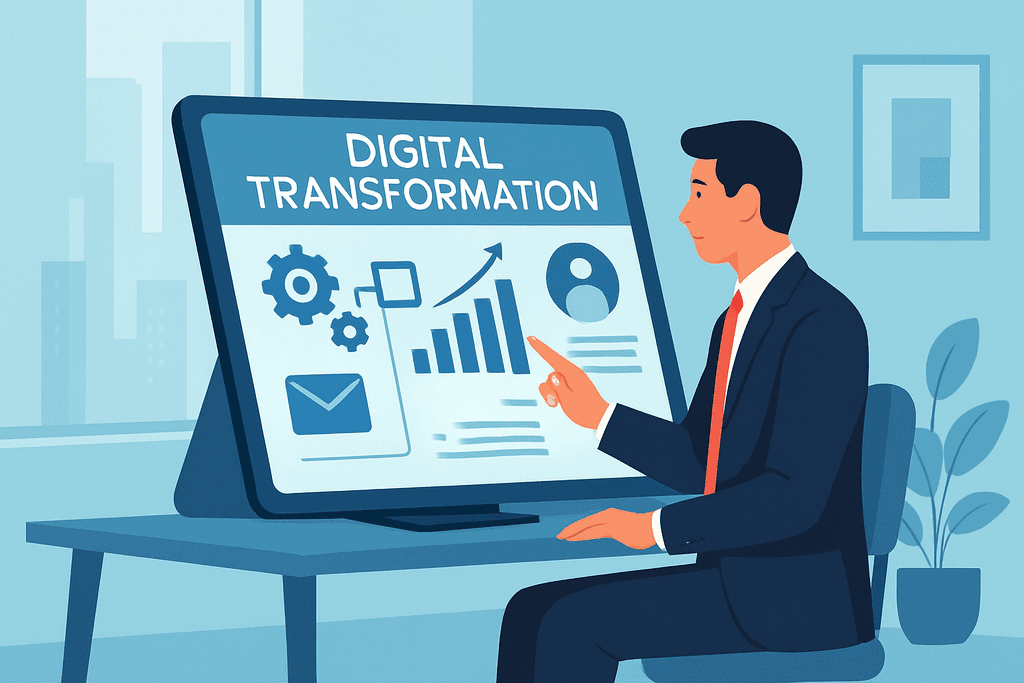 一名穿著西裝的商務人士坐在桌前，指著電腦螢幕上顯示的「數位轉型」內容，畫面中包括齒輪圖示、成長趨勢圖與使用者資料，顯示出與人工智慧及網站經營相關的主題。