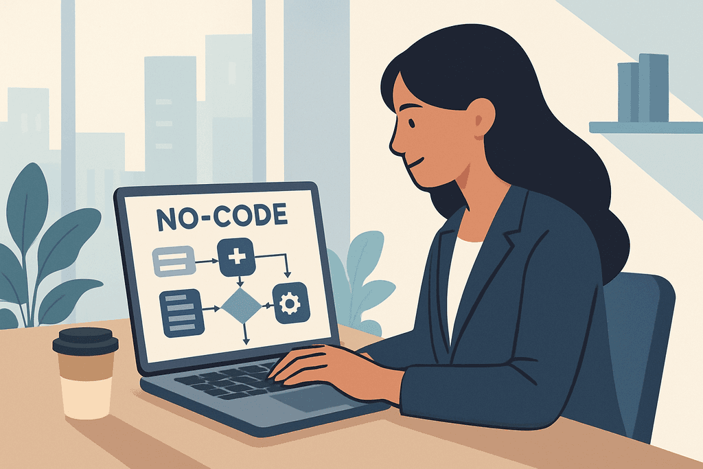 一名女性在辦公室中使用筆記型電腦，螢幕上顯示「NO-CODE」的圖示，周圍環繞著綠色植物，展現出輕鬆的工作環境，著重於人工智能在無需編碼的網站設計中的應用。