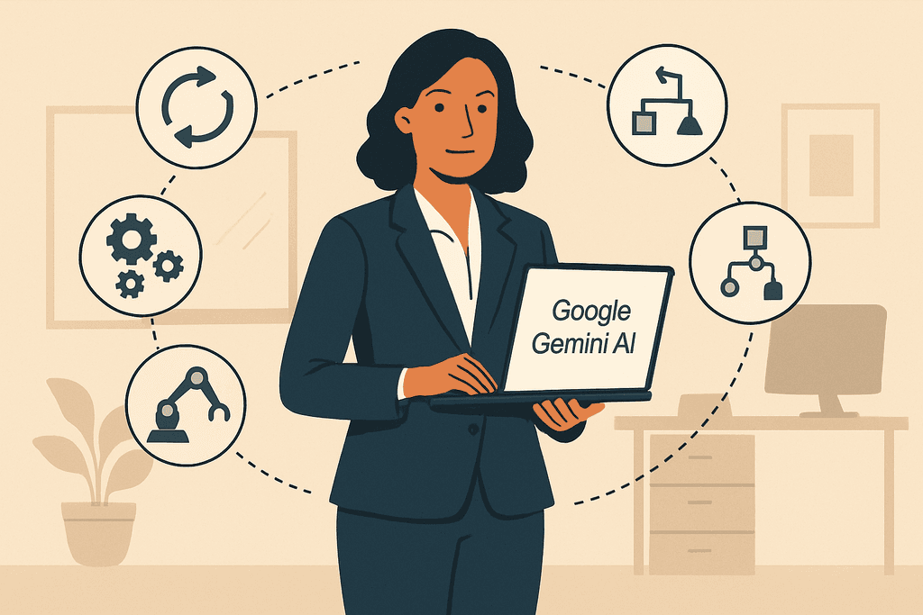 這張圖片展示一位女性專業人士正在手持標示有「Google Gemini AI」的筆記型電腦，背後的桌上擺放著電腦，並伴隨著具有代表性的人工智慧相關圖示，如流程圖、機械手臂與齒輪。這些元素呈現出人工智能在網站經營與網站架設中的應用場景。