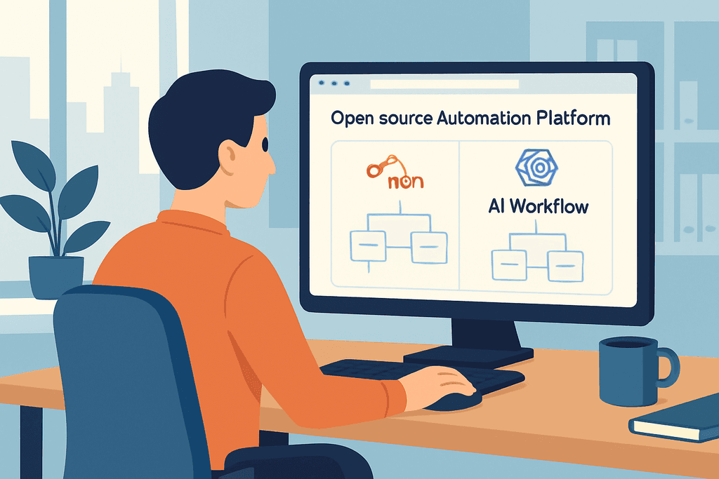 一名專注的男性坐在電腦前，螢幕顯示「開放源碼自動化平台」及「人工智能工作流程」的圖示，背景透出明亮的窗景，搭配綠色植物，展現現代工作的氛圍。
