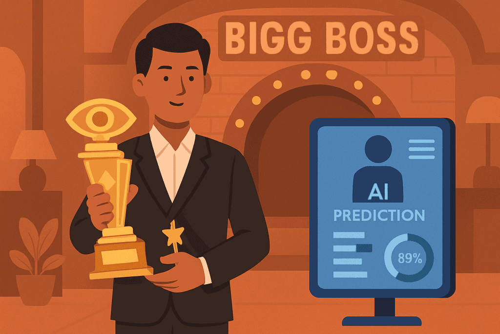 圖片中一位男士站在舞台上，手中舉著獎盃，背景為"BIGG BOSS"的標誌，顯示出他因人工智慧（AI）預測而獲獎。電腦螢幕上顯示AI預測的成效為89%。