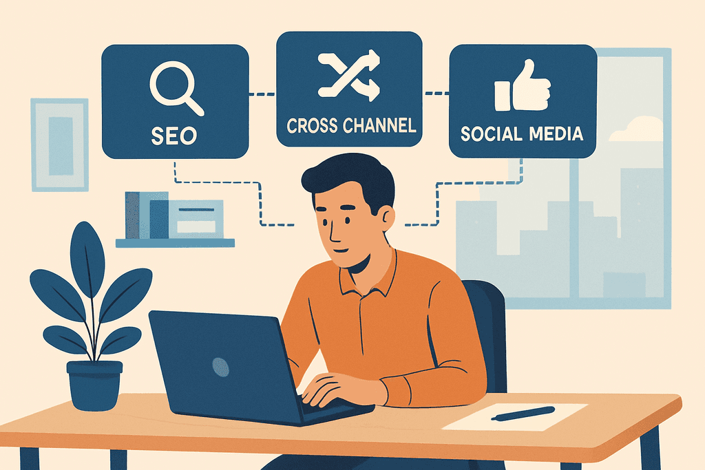 一位男性在辦公桌前專注使用筆記型電腦，螢幕上顯示出SEO、跨渠道和社交媒體的標誌，周圍環境整潔，桌上有植物和筆，充分展現出以人工智慧優化網站經營的專業氛圍。