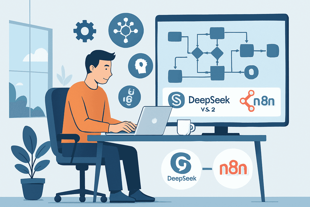 這張圖片展示了一位使用人工智慧進行網頁設計的專業人士。他坐在桌前，專注地查看螢幕上顯示的DeepSeek vs. 2的工作流程圖，背景有窗戶和綠色植物，增添了創意氛圍。