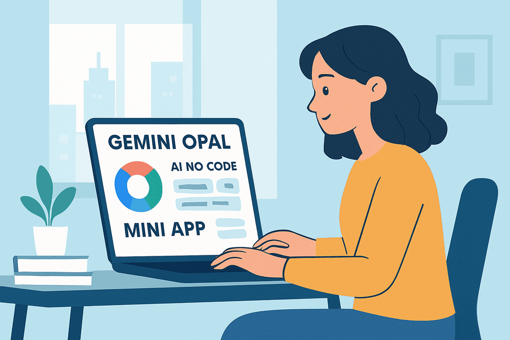 一位女性正在電腦前專注於設計一個無需編碼的人工智慧應用,環境中有植物和書籍,顯示出平靜且專業的網站經營氛圍。