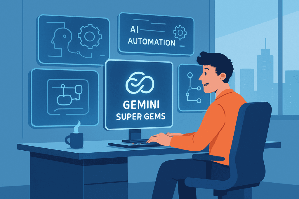 一名男性坐在桌前，專注於電腦螢幕上顯示的人工智慧與自動化工具，背景是與人工智能相關的圖示，展現出現代化的網站經營環境，手邊有一杯熱飲，營造出專注工作的氛圍。