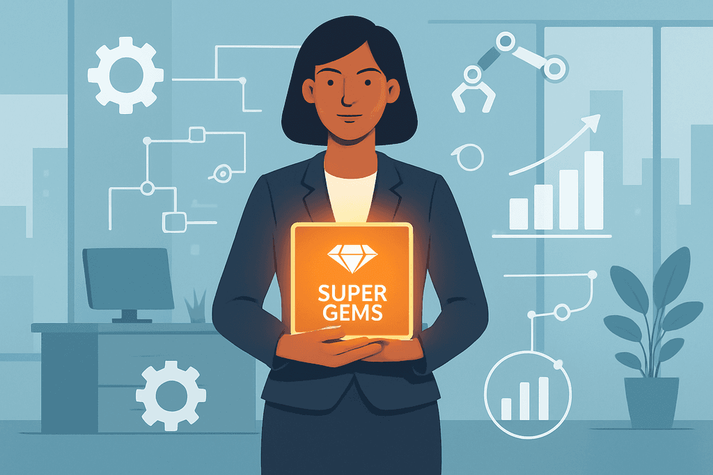 這張圖片展示了一位穿著正裝的女性，手持一個寫有「SUPER GEMS」的平板，背景是一個高科技辦公室環境，牆上有多個與人工智慧及數據分析相關的圖表和圖形，顯示出人工智能在網站經營中的應用。