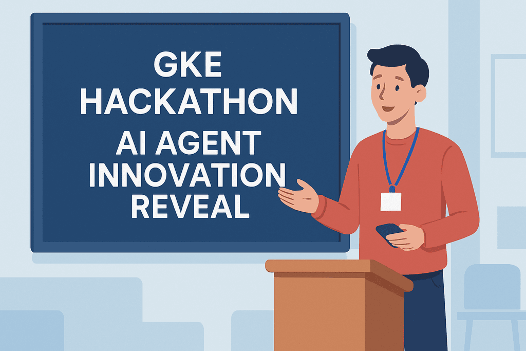 一位男士正在台上的講台上進行人工智慧議題的簡報，背景是顯示著「GKE HACKATHON AI AGENT INNOVATION REVEAL」的白板，強調AI在創新中的重要性。