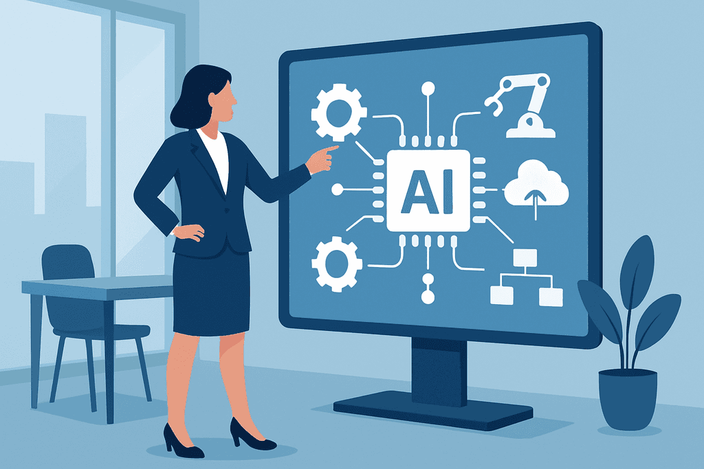 這張圖片展示了一位女性在辦公室環境中，指向電子螢幕上的人工智慧（AI）圖示，背景有辦公桌椅和窗戶的日光，呈現出一種專業且現代感的氛圍。