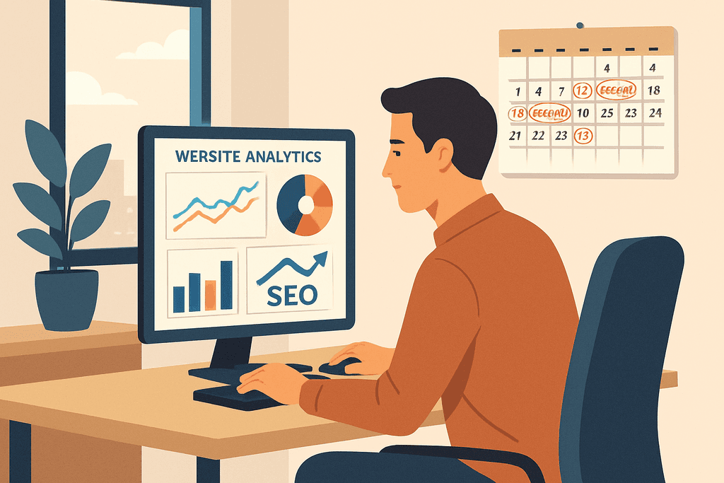 一名男性正坐在辦公桌前，專注地分析顯示器上的網站數據，螢幕上顯示著與人工智慧及SEO相關的圖表與分析數據，環境中有植栽和掛曆，突顯出現代化的工作空間。