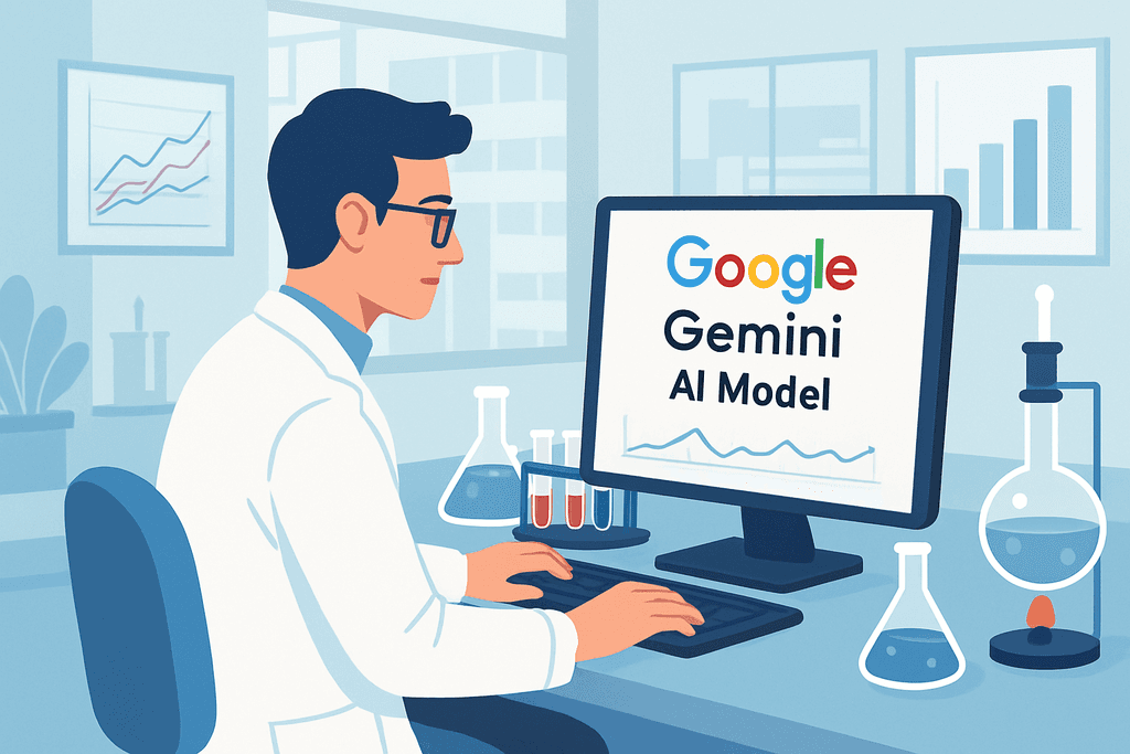 圖片中是一位身穿白大褂的科學家正在電腦前工作，電腦螢幕顯示「Google Gemini AI Model」的標題，背景有試管和化學器具，突顯人工智慧在科學研究中的重要角色，展現網站經營中運用AI技術的未來潛力。