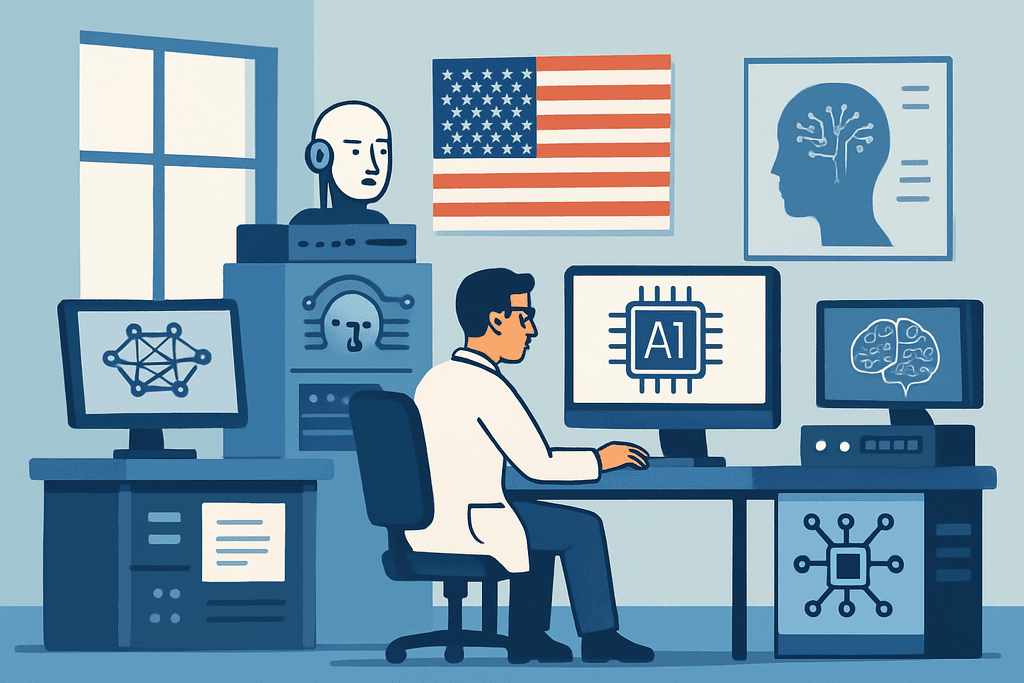 圖片展示一位身穿白袍的科研人員在人工智慧實驗室中工作，螢幕顯示著「AI」字樣，背景有一面美國國旗和幾幅顯示人工智能技術的圖像，實驗室內的設備象徵著高科技的網站經營和網頁設計。