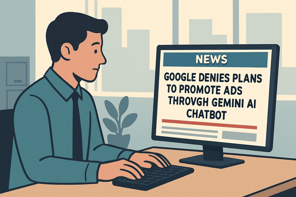 一位男士坐在辦公室內，專注地查看電腦螢幕，螢幕上顯示著新聞標題，內容提到Google否認透過Gemini AI聊天機器人推廣廣告的計畫，背景有些植物和辦公室設施，顯示出現代工作環境的氛圍。