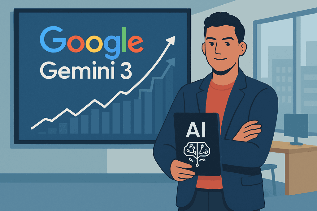一位穿著商務西裝的男性站在會議室前，手持寫有「AI」的平板電腦，背景是顯示「Google Gemini 3」的螢幕，及一個向上攀升的數據曲線，顯示人工智慧在網站經營中的重要性。