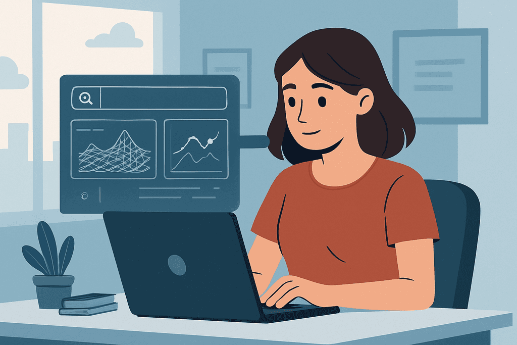 這張圖片展示了一名女性正在電腦前進行網站經營的工作，她的螢幕上顯示著與人工智能及數據分析相關的圖表，並且旁邊有盆栽和書本，呈現出輕鬆而專業的工作環境。