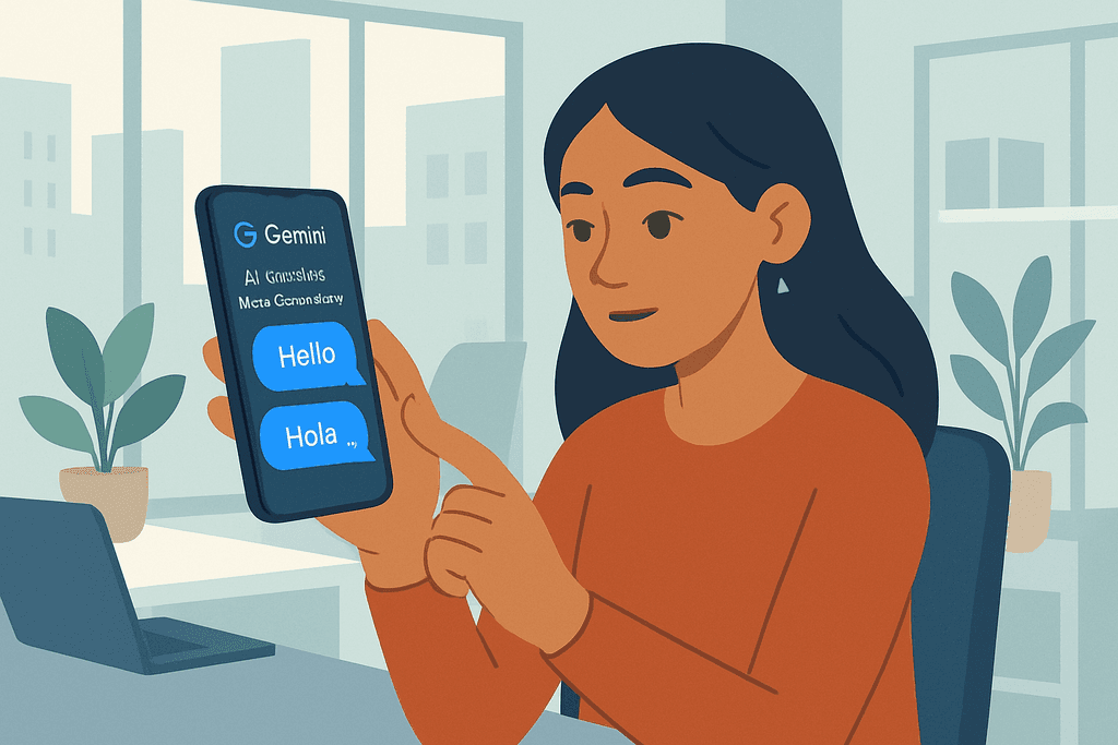 這張圖片顯示一位女性在辦公環境中使用手機，透過人工智能應用程式與AI助手互動，畫面中有「Hello」和「Hola」的訊息顯示，展現了現代網站經營中AI的實用性。