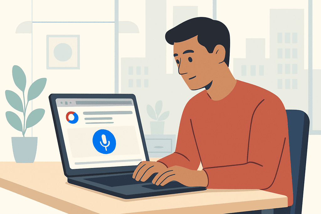 一位年輕男士在家中的辦公室裡使用筆記型電腦，專注於語音辨識的人工智慧技術，周圍環繞著植物，營造出舒適的工作環境。